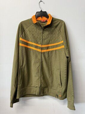 Puma Mens Olive Green Track Jacket XL With Orange Accents & Full-Zip Closure